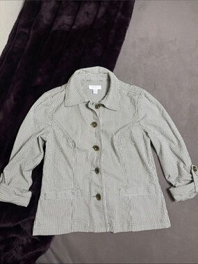 Charter Club Petite Striped Cotton Jacket White and Olive Decorative Buttons